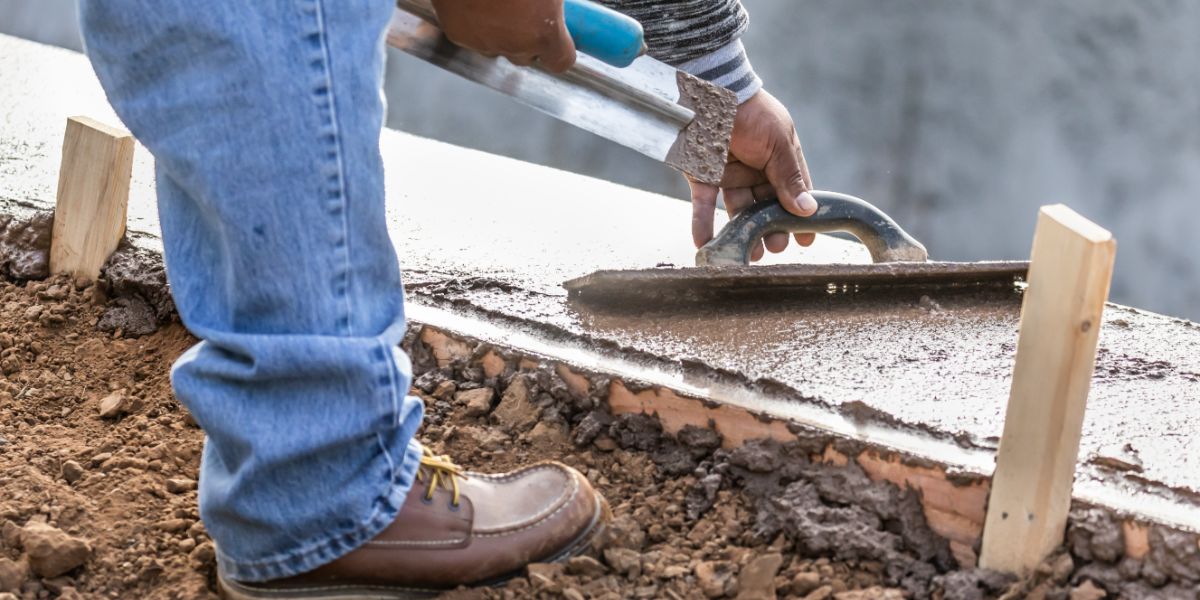 House foundation repair Muskegon with worker smoothing fresh concrete over exposed footing to stabilize the base of the home.